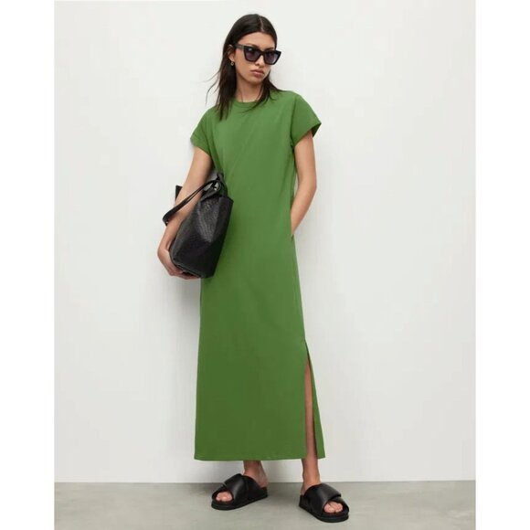 ALLSAINTS Anna Maxi T-Shirt Dress Modern Cotton Side Slits Shapeless Green US 4